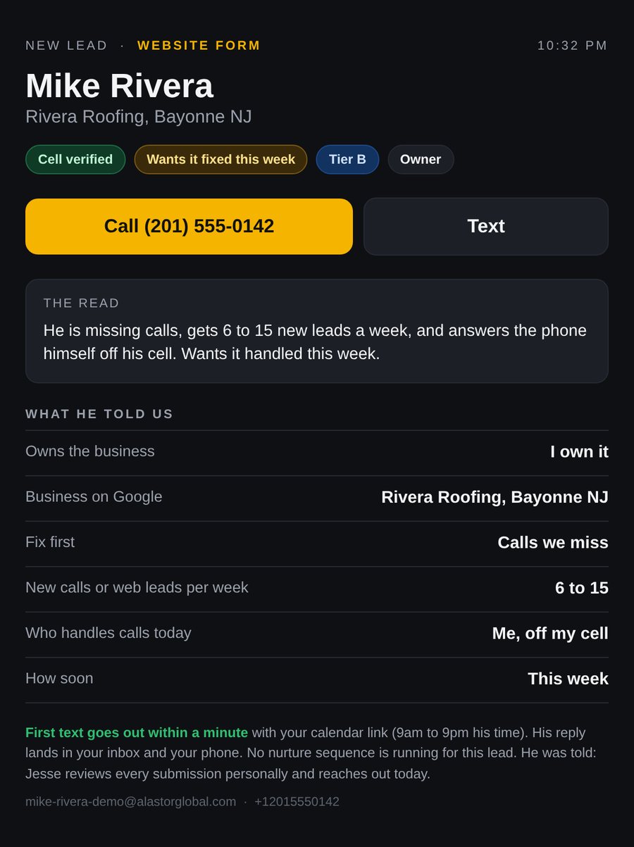 The lead alert card: name, business, answers, one tap to call