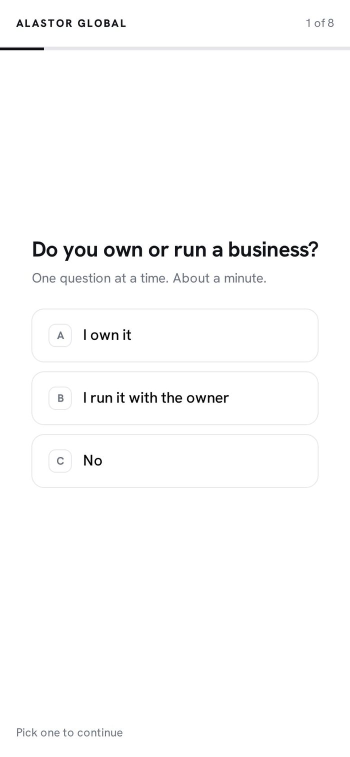 An intake app on a phone, one question per screen